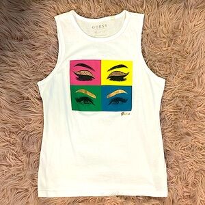 Guess Los Angeles tank top with four colored boxes with closed and opened eyes.